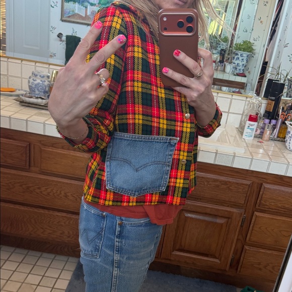 Vintage 70s Teddy Gee Plaid Short Jacket with Up-cycled Denim Pocket American
